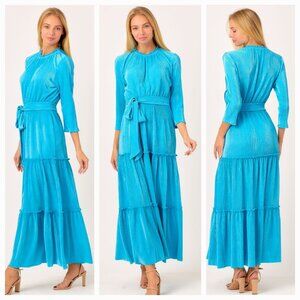 New Boutique Long Sleeve Blue Layered Pleated Maxi Dress with Belt and Pockets